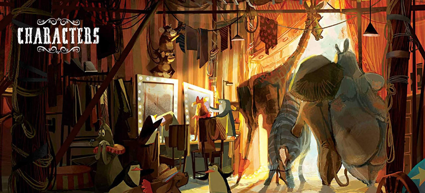 Illustration of a rustic interior with characters in costumes, including a bear and a mushroom, with 'Characters' text at the top.