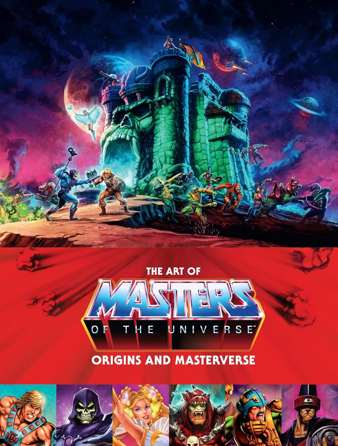 Cover of 'The Art of Masters of the Universe: Origins and Masterverse' book featuring illustrated characters and a fantasy castle.