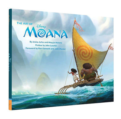 Book cover of 'The Art of Moana' with two characters on a boat against a blue sky.