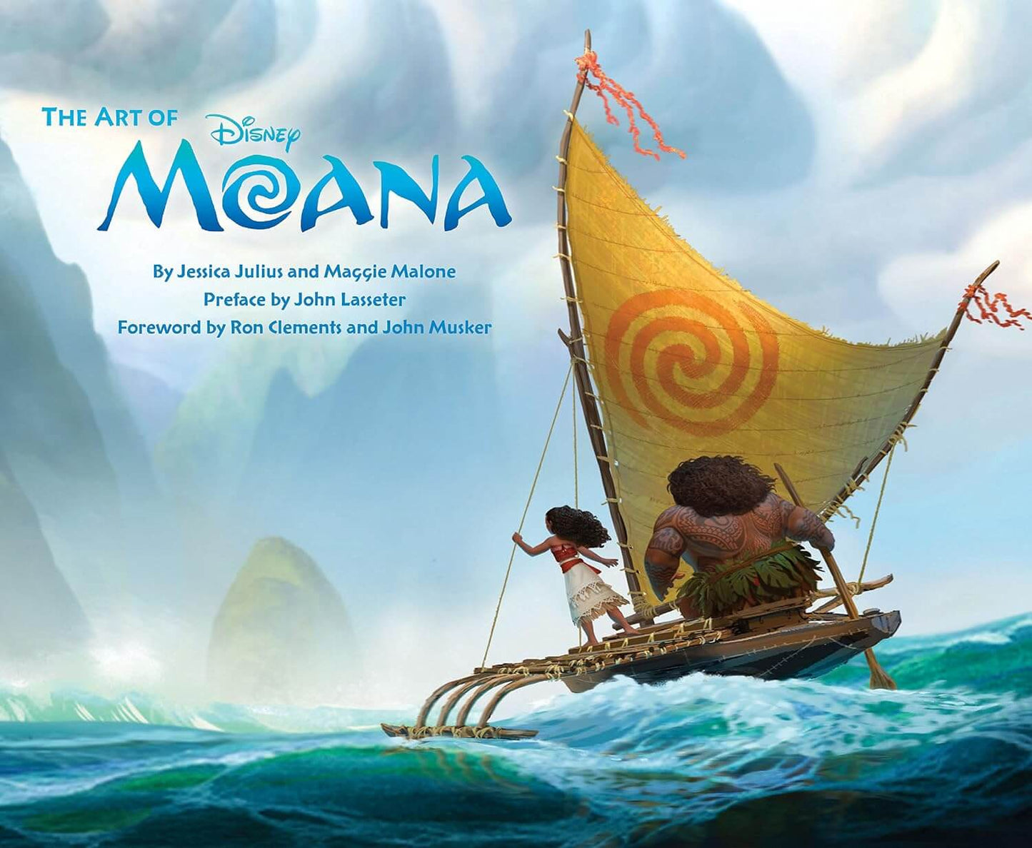 Book cover of 'The Art of Moana' with two characters on a boat in the ocean.