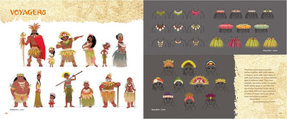 A two-page concept art sheet titled 'Voyagers' showing multiple illustrated figures in colorful garments and accessories on the left, and rows of color/pattern swatches on the right against a dark gray and parchment-style background.