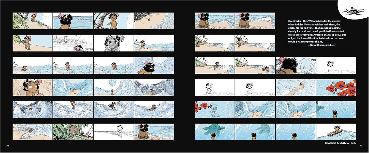 A printed spread of illustrated comic or animation storyboard panels on a black background, with multiple small panels across two pages and a block of text on the right. No person or real environment is present; this is a clean product-style presentation of printed artwork.