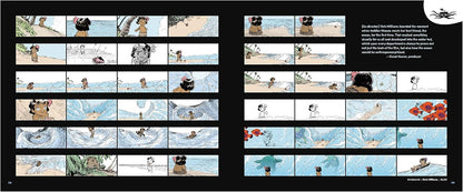 A printed spread of illustrated comic or animation storyboard panels on a black background, with multiple small panels across two pages and a block of text on the right. No person or real environment is present; this is a clean product-style presentation of printed artwork.