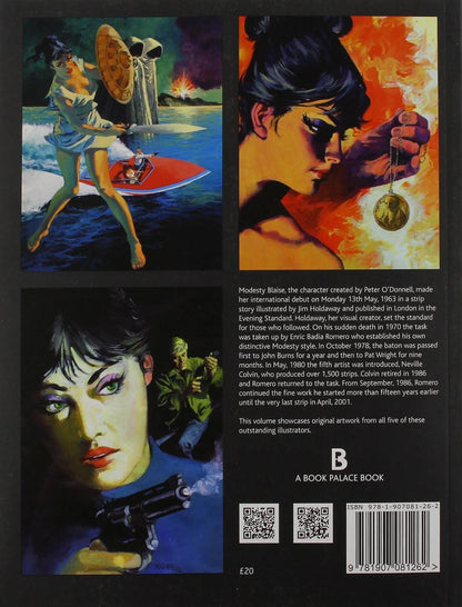 Back cover of a book titled 'B' by Modesty Blake, featuring illustrated artwork panels and product details including a barcode, QR code, and price on a black background.