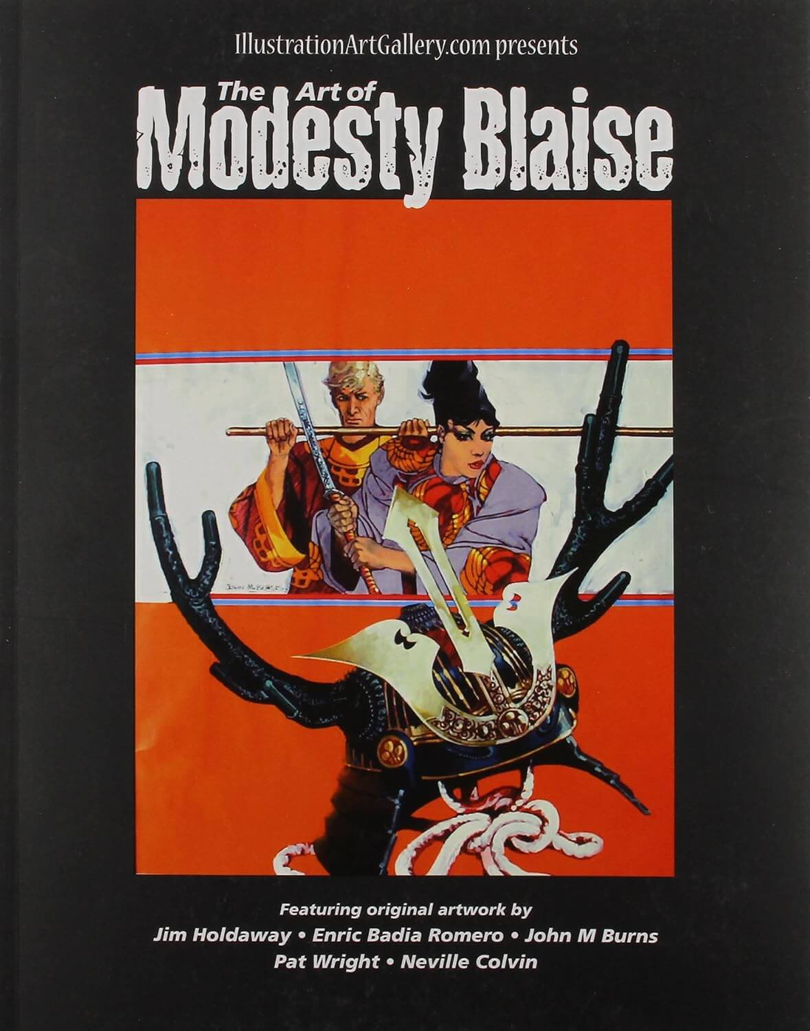 Book cover for 'The Art of Modesty Blaise' featuring stylized artwork of two figures in traditional clothing with a white guitar and black antler-like shapes against an orange and red graphic panel, set on a black background.