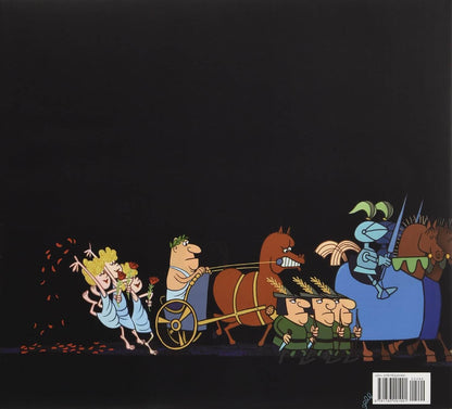 A square art print or book cover featuring a cartoon scene on a black background, showing a chariot with horses and several stylized human figures in blue, green, brown, and yellow tones. A barcode is visible in the bottom-right corner.