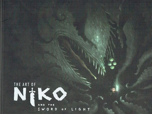 The front cover of 'The Art of Niko and the Sword of Light' featuring dark fantasy artwork of a giant tooth-like creature with glowing green eyes and tentacles surrounding a small figure holding a sword.