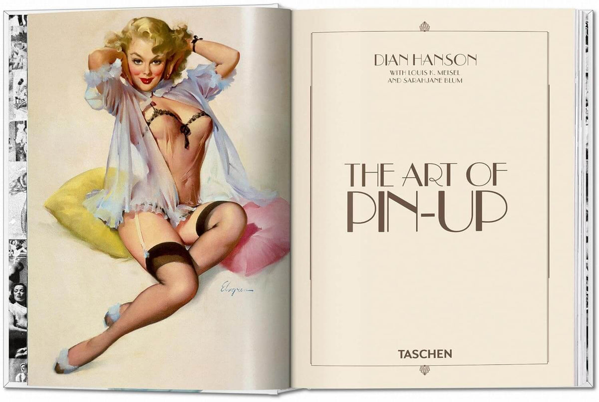 Open book showing a pin-up illustration and the title 'The Art of Pin-Up' by Dian Hanson.