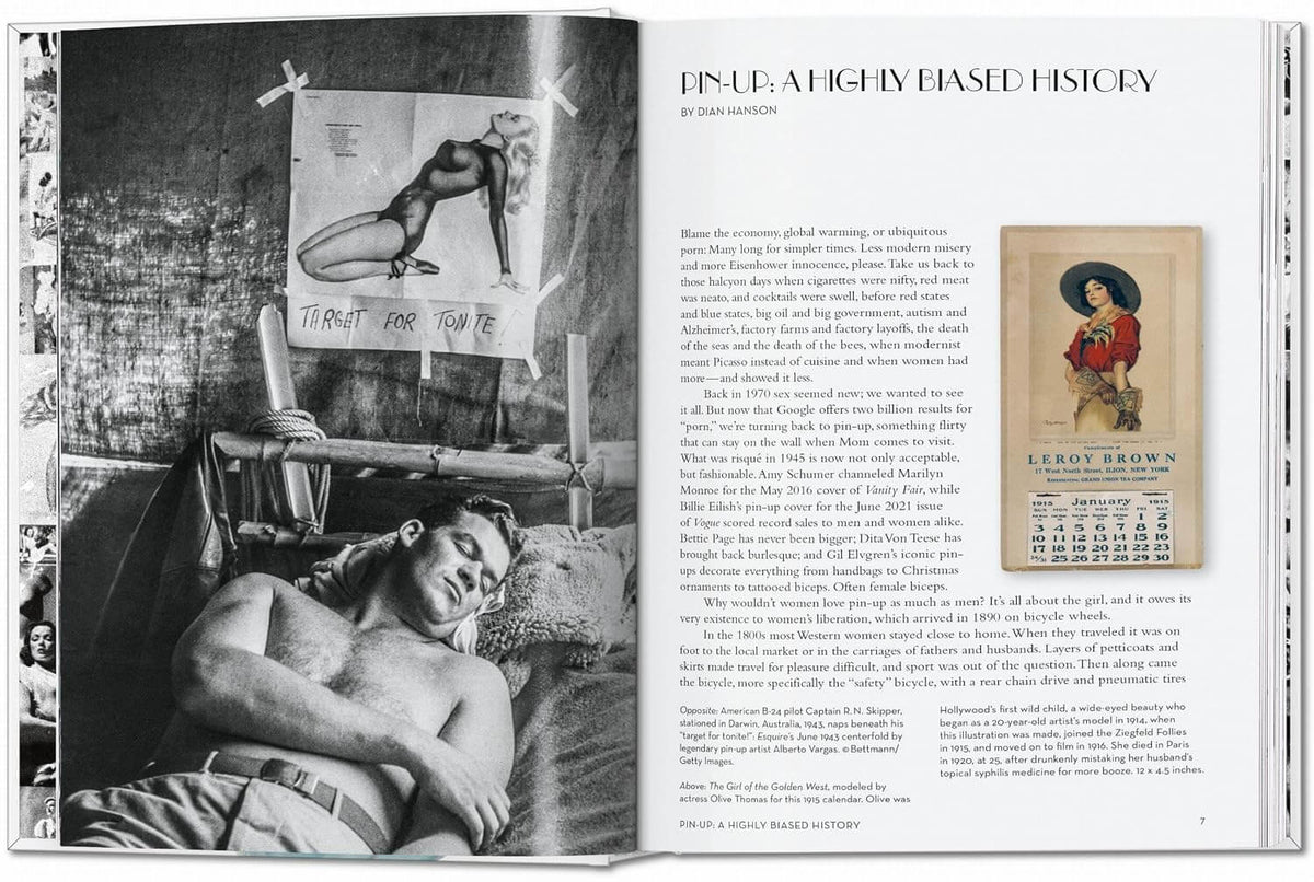 Open book showing a black and white photograph of a man lying down, with text and additional images on the right.