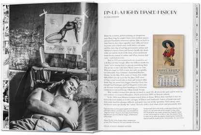 Open book showing a black and white photograph of a man lying down, with text and additional images on the right.
