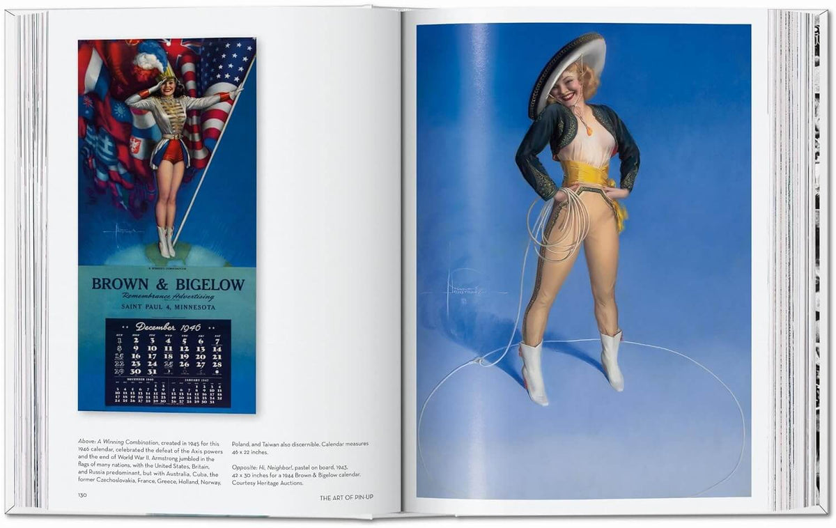 Open book showing a vintage advertisement with a woman in a dress and hat on a blue background.