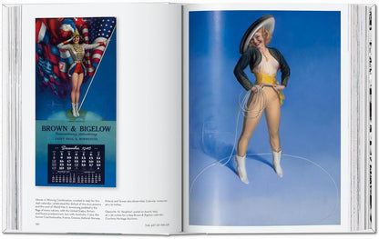 Open book showing a vintage advertisement with a woman in a dress and hat on a blue background.
