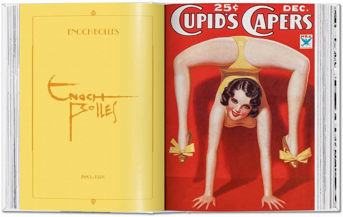 Open book with a vintage-style magazine cover featuring a woman in a pose on a red background.