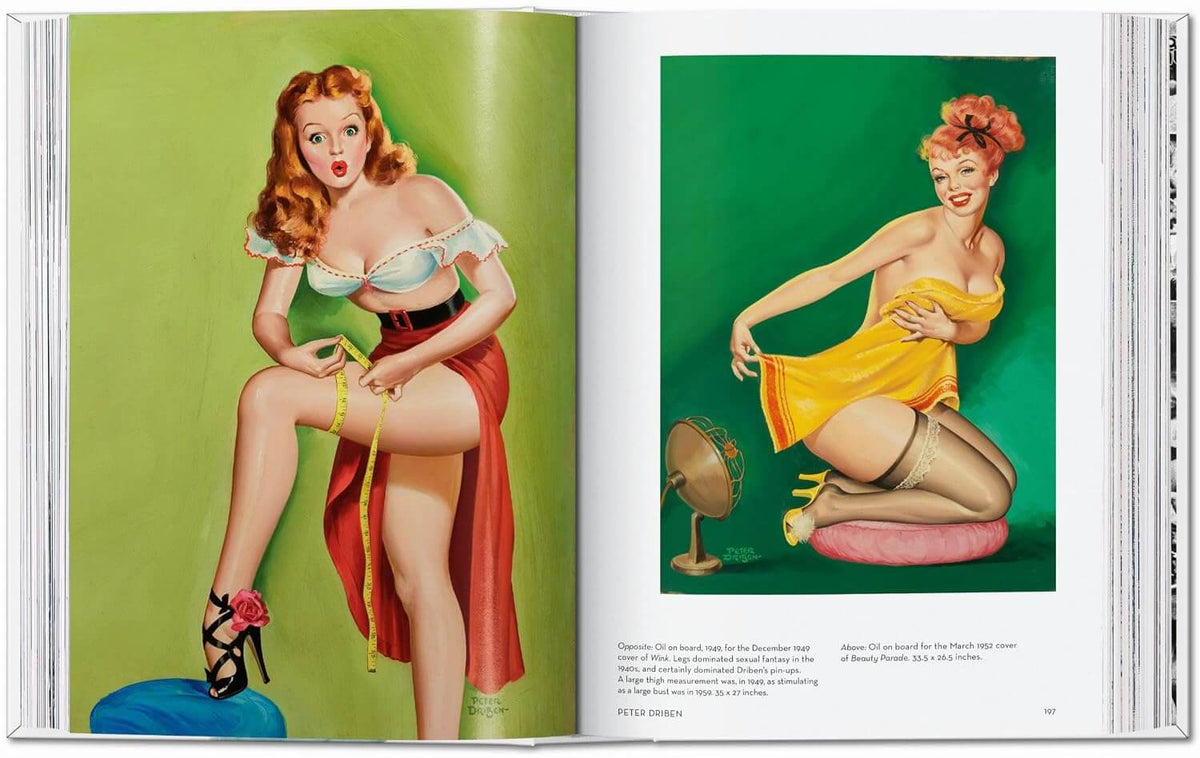 An open book displaying two vintage-style pin-up illustrations on the same green background. The left page shows a seated woman with red hair measuring herself with a tape measure, wearing a white top and red skirt.
