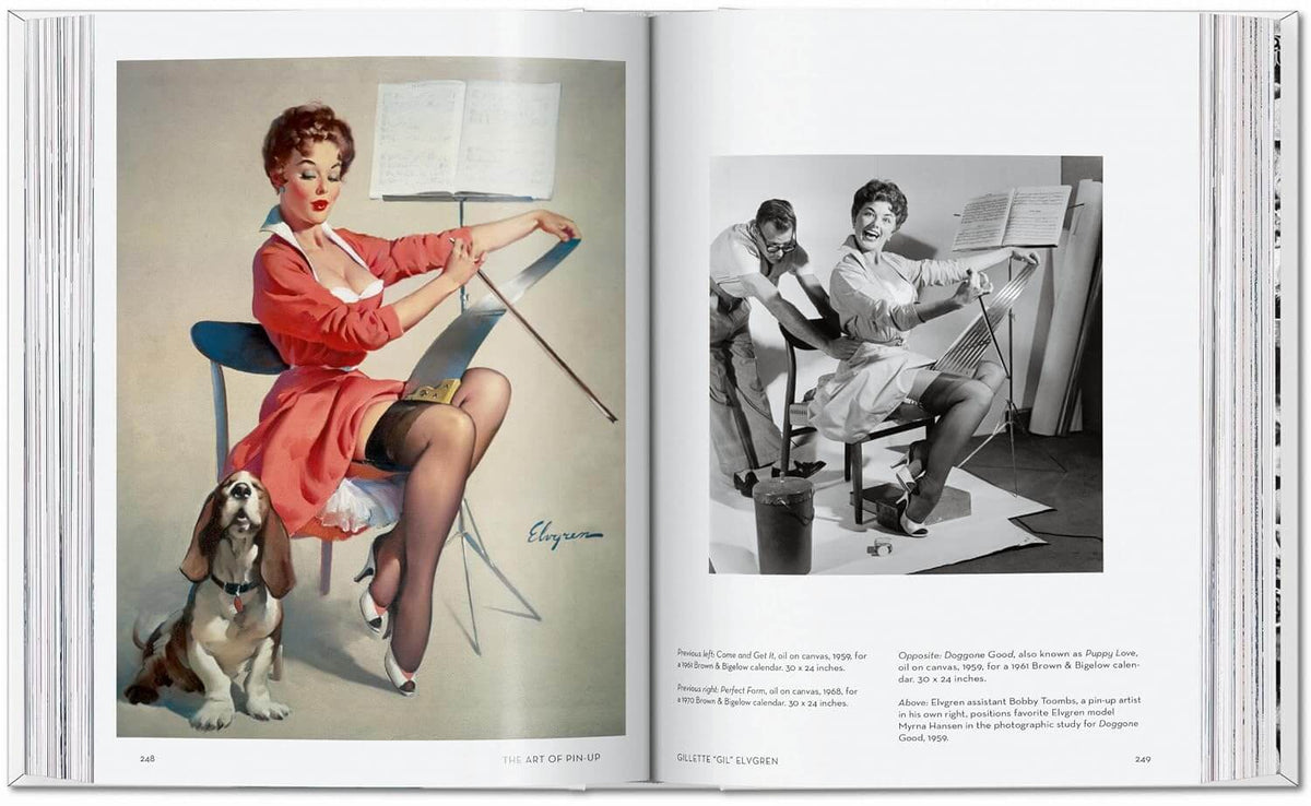 An open vintage art book showing two illustrated pages side by side. The left page features a pin-up style illustration of a woman in a red dress playing a musical instrument with a dog at her side.