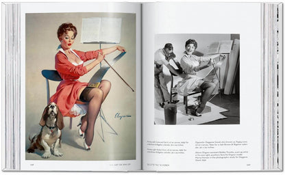 An open vintage art book showing two illustrated pages side by side. The left page features a pin-up style illustration of a woman in a red dress playing a musical instrument with a dog at her side.