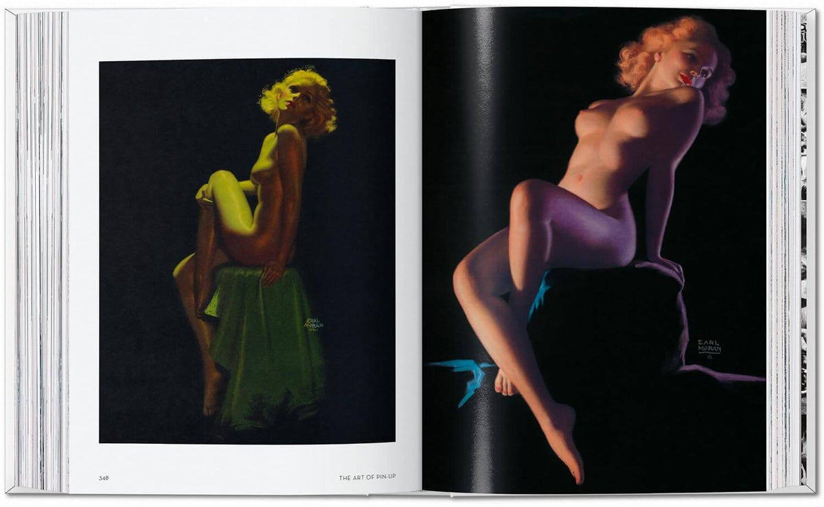 Open book showing two artistic illustrations of a woman in a green dress and a purple outfit against a black background.