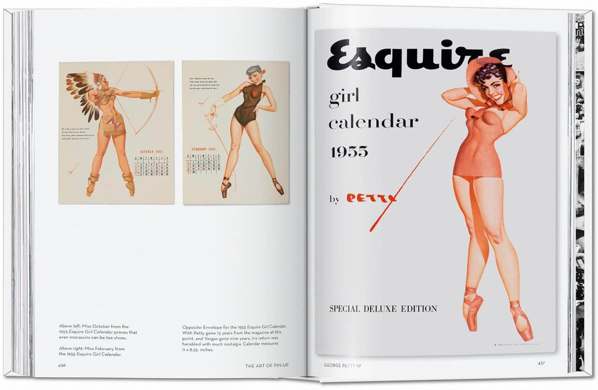Esquire girl calendar 1955 special deluxe edition book open to a page with illustrations of women in vintage swimwear.