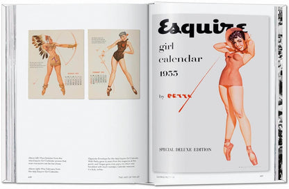 Esquire girl calendar 1955 special deluxe edition book open to a page with illustrations of women in vintage swimwear.
