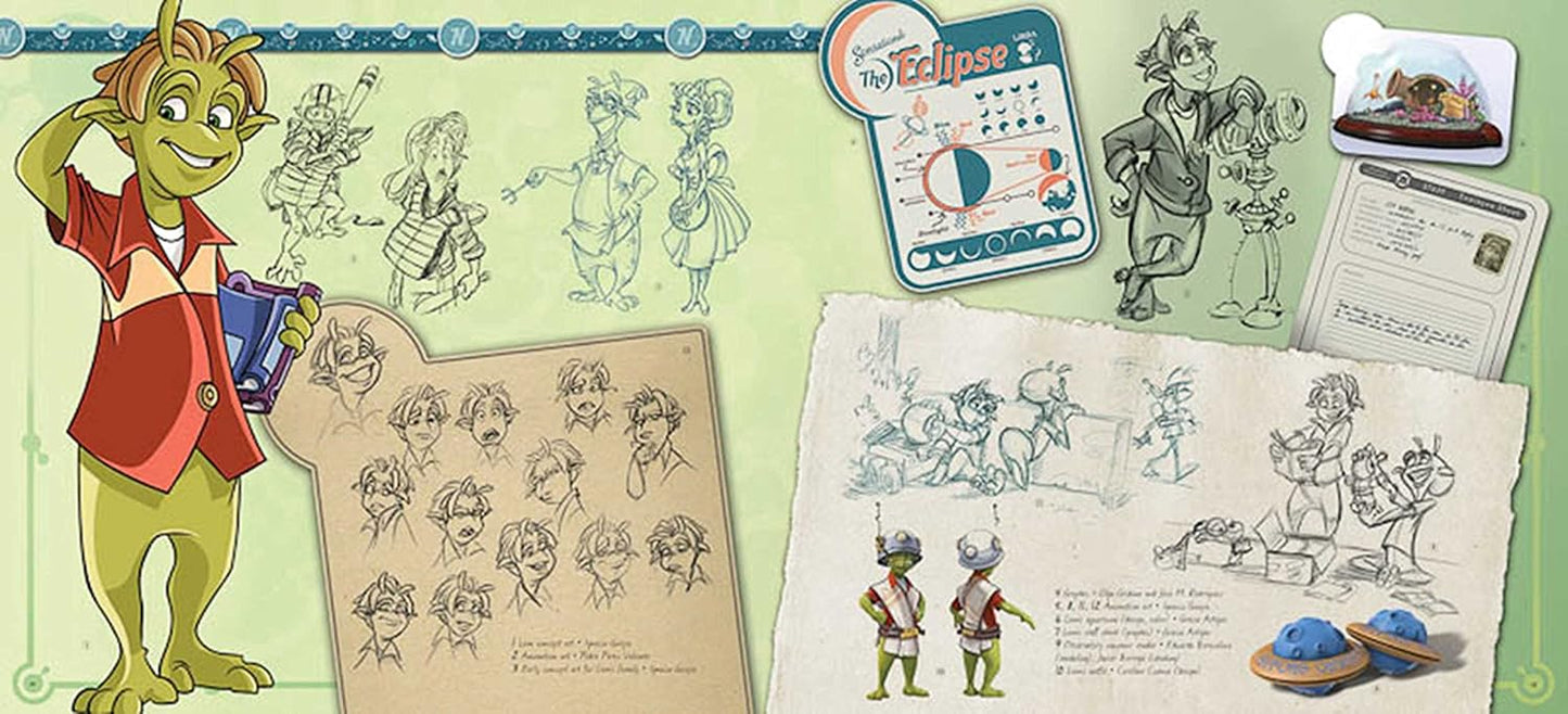 A collage-style artwork featuring a green-skinned character in a red jacket holding a blue object, surrounded by hand-drawn character sketches, concept notes, a small inset photo, and a circular logo that reads 'The Eclipse 2'. This appears to be a promotional or collectible graphic rather than a straightforward product photo.