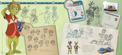 A collage-style artwork featuring a green-skinned character in a red jacket holding a blue object, surrounded by hand-drawn character sketches, concept notes, a small inset photo, and a circular logo that reads 'The Eclipse 2'. This appears to be a promotional or collectible graphic rather than a straightforward product photo.