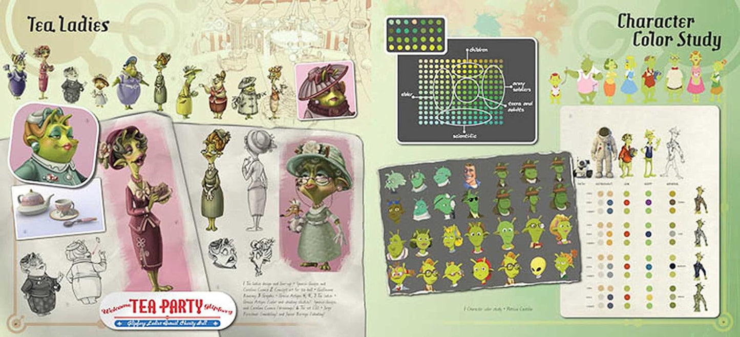 A character design and color study sheet for a tea party theme, featuring multiple character sketches, costume concept drawings, a color palette chart, and character color swatches on a pale green background.