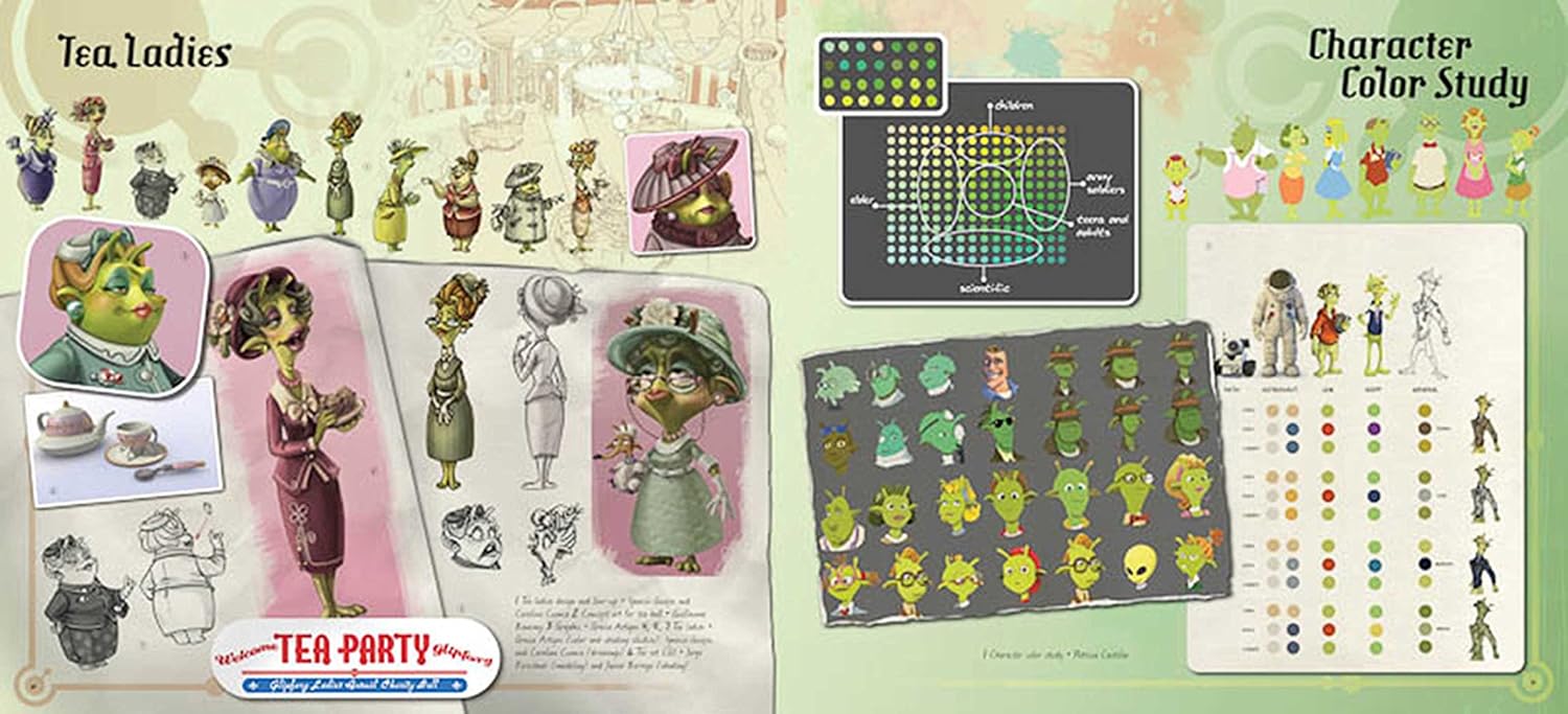 A character design and color study sheet for a tea party theme, featuring multiple character sketches, costume concept drawings, a color palette chart, and character color swatches on a pale green background.