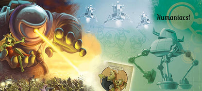 A colorful comic-style illustration with sci-fi and fantasy elements. On the left, a large robot or alien in a space helmet fires a bright yellow beam while standing over a crowd.