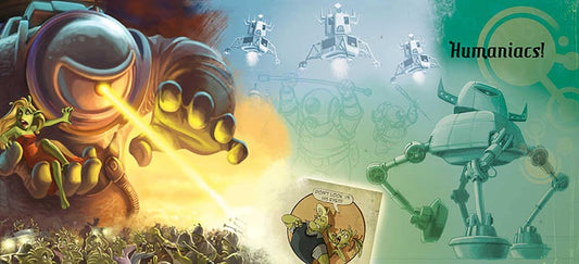 A colorful comic-style illustration with sci-fi and fantasy elements. On the left, a large robot or alien in a space helmet fires a bright yellow beam while standing over a crowd.