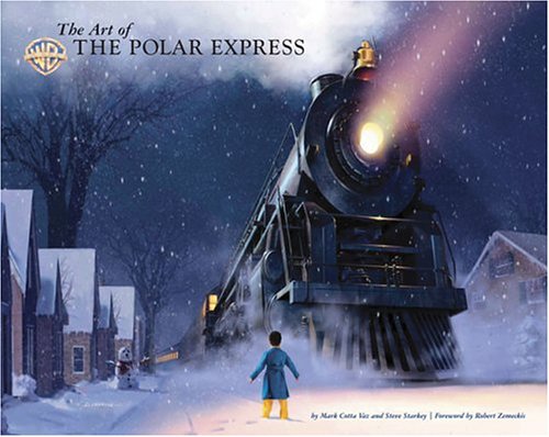Book cover for 'The Art of The Polar Express' featuring a snowy night scene with a steam train approaching a child in a snow-covered village. The Warner Bros.
