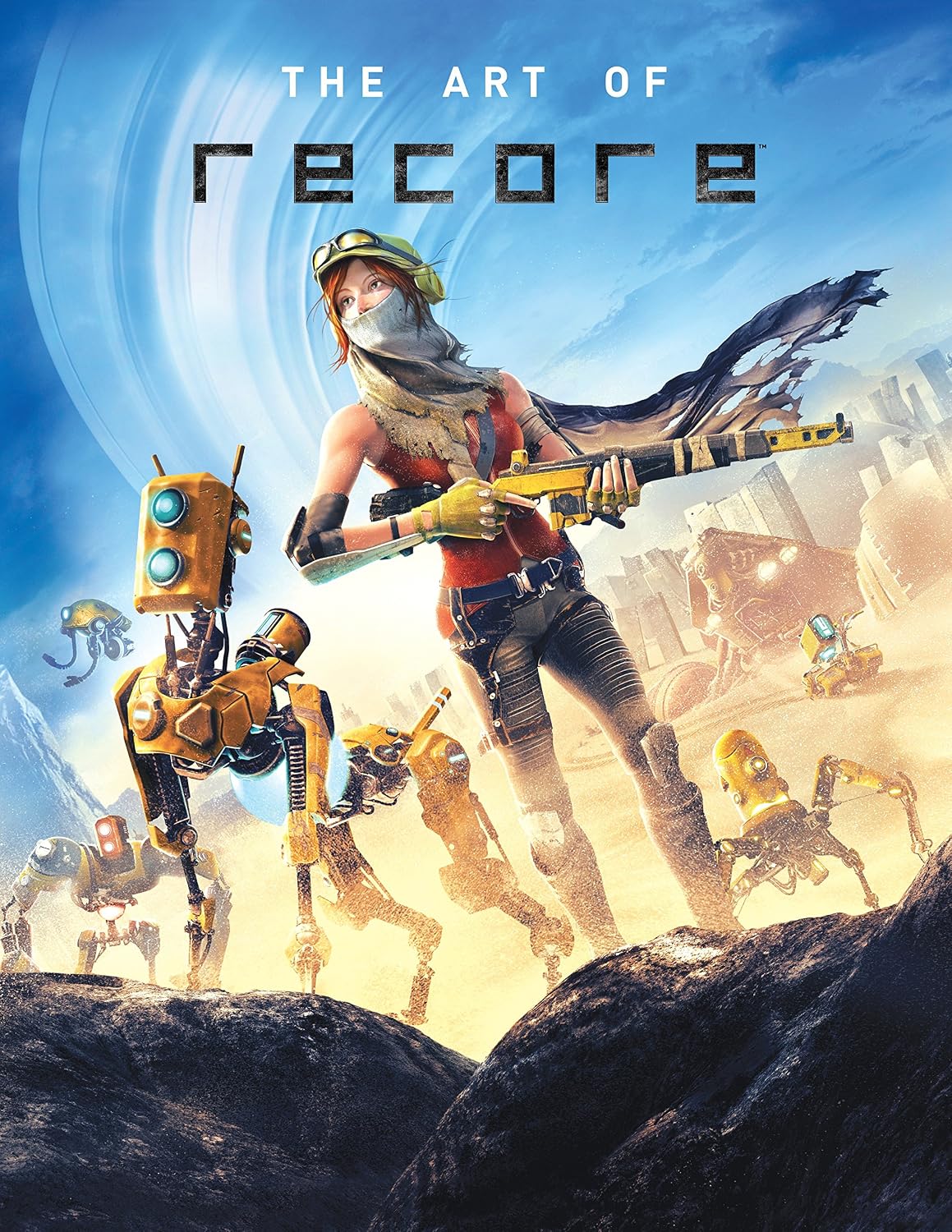 Front Cover for 'The Art of Recore' featuring a female sci-fi character in a desert-like futuristic city with robots and vehicles, under a blue sky with a large circular structure.