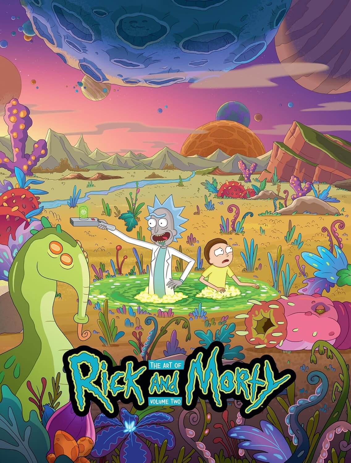 Cover of 'The Art of Rick and Morty HC Vol 02' featuring colorful illustrations of the characters Rick and Morty from the animated TV series, with a fantastical, sci-fi setting.