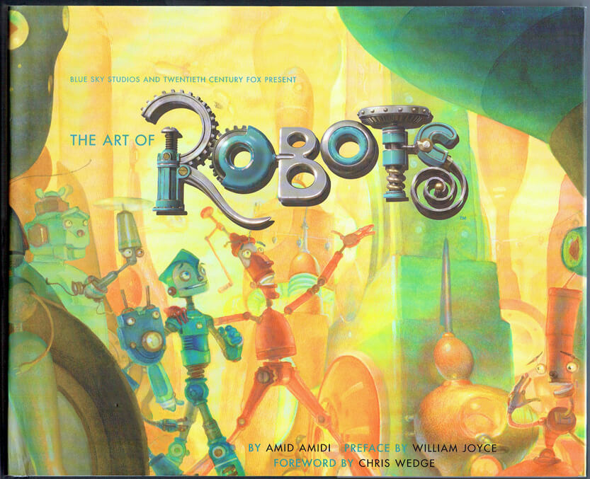 Cover of 'The Art of Robots' book featuring colorful illustrations of robots in various poses and a vibrant, futuristic cityscape.