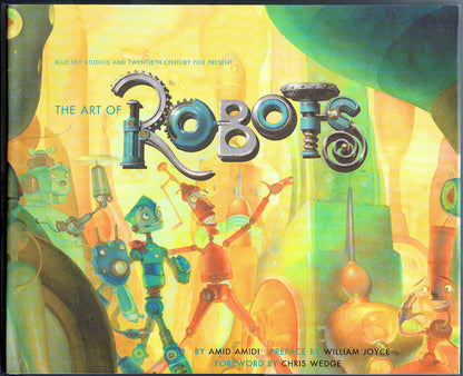 Cover of 'The Art of Robots' book featuring colorful illustrations of robots in various poses and a vibrant, futuristic cityscape.