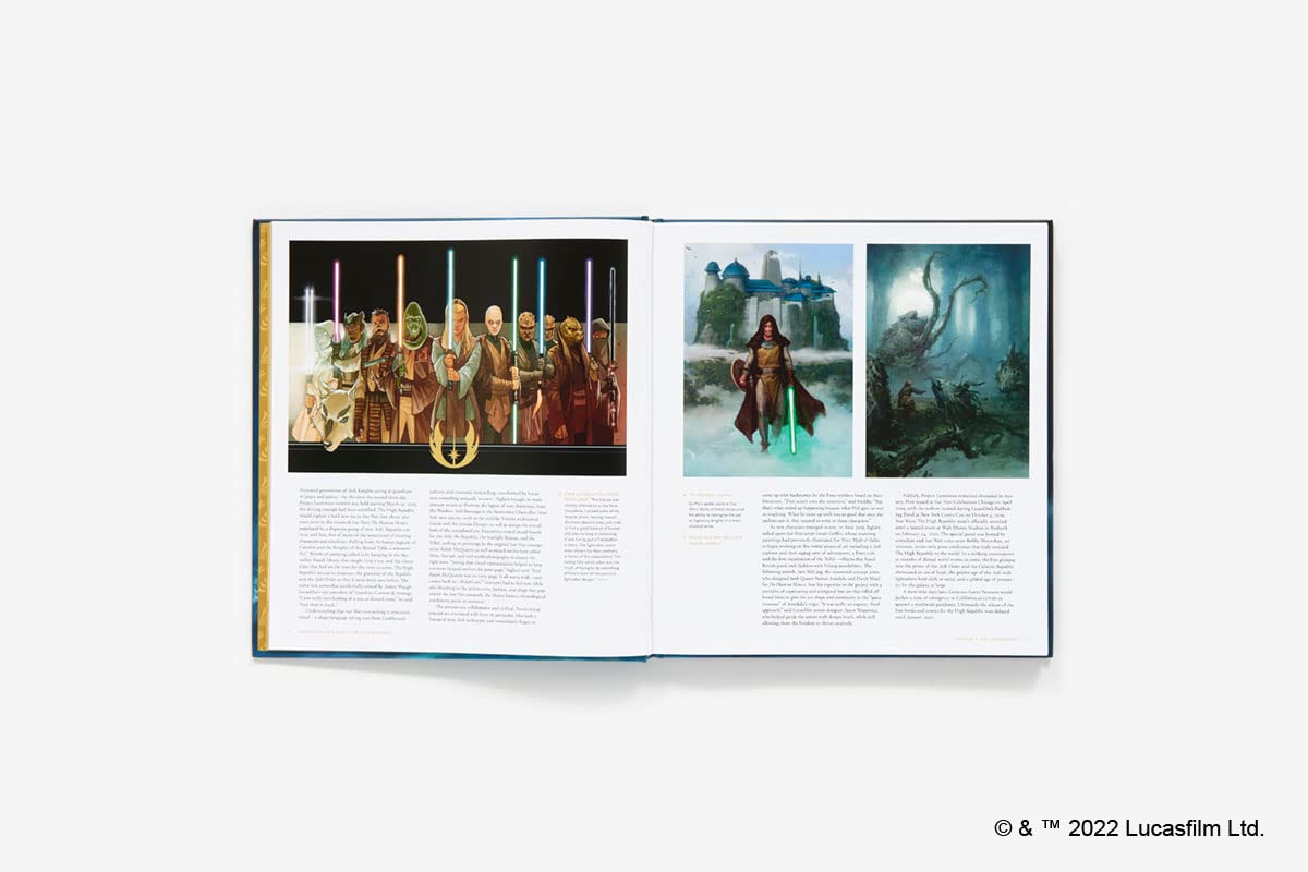 An open book or magazine spread displayed on a clean white background, showing printed artwork panels with text. A small Lucasfilm copyright notice appears in the bottom right corner.