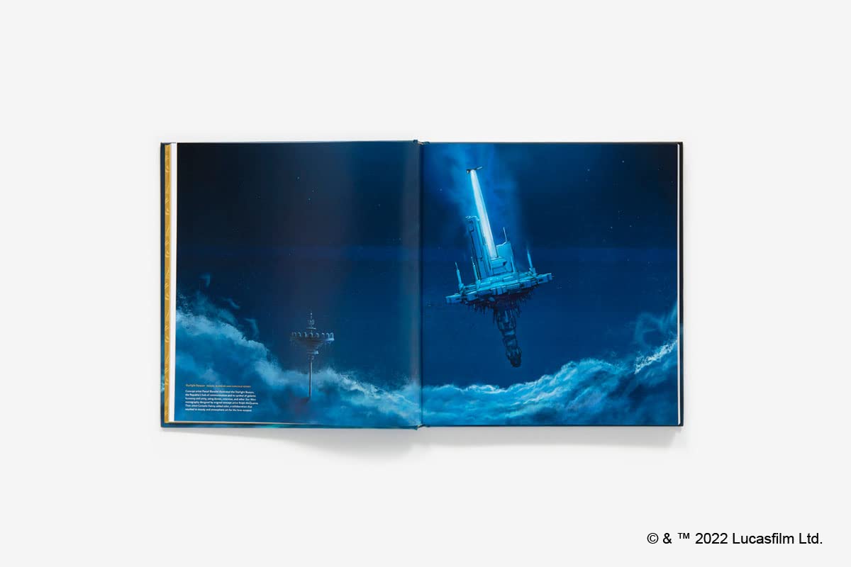 An open hardcover book or art print displaying a blue-toned sci-fi scene with a glowing futuristic structure and dark clouds, photographed against a light gray background. A small Lucasfilm copyright mark appears in the bottom-right corner.