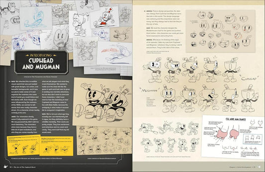 Illustrations of Cuphead and Mugman with character design sheets on a book page.