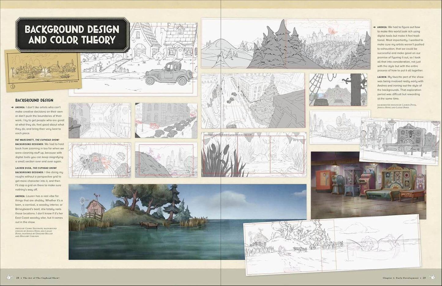 An open book spread showing pages from a background design and color theory guide, filled with sketches, text blocks, and a few color test images.