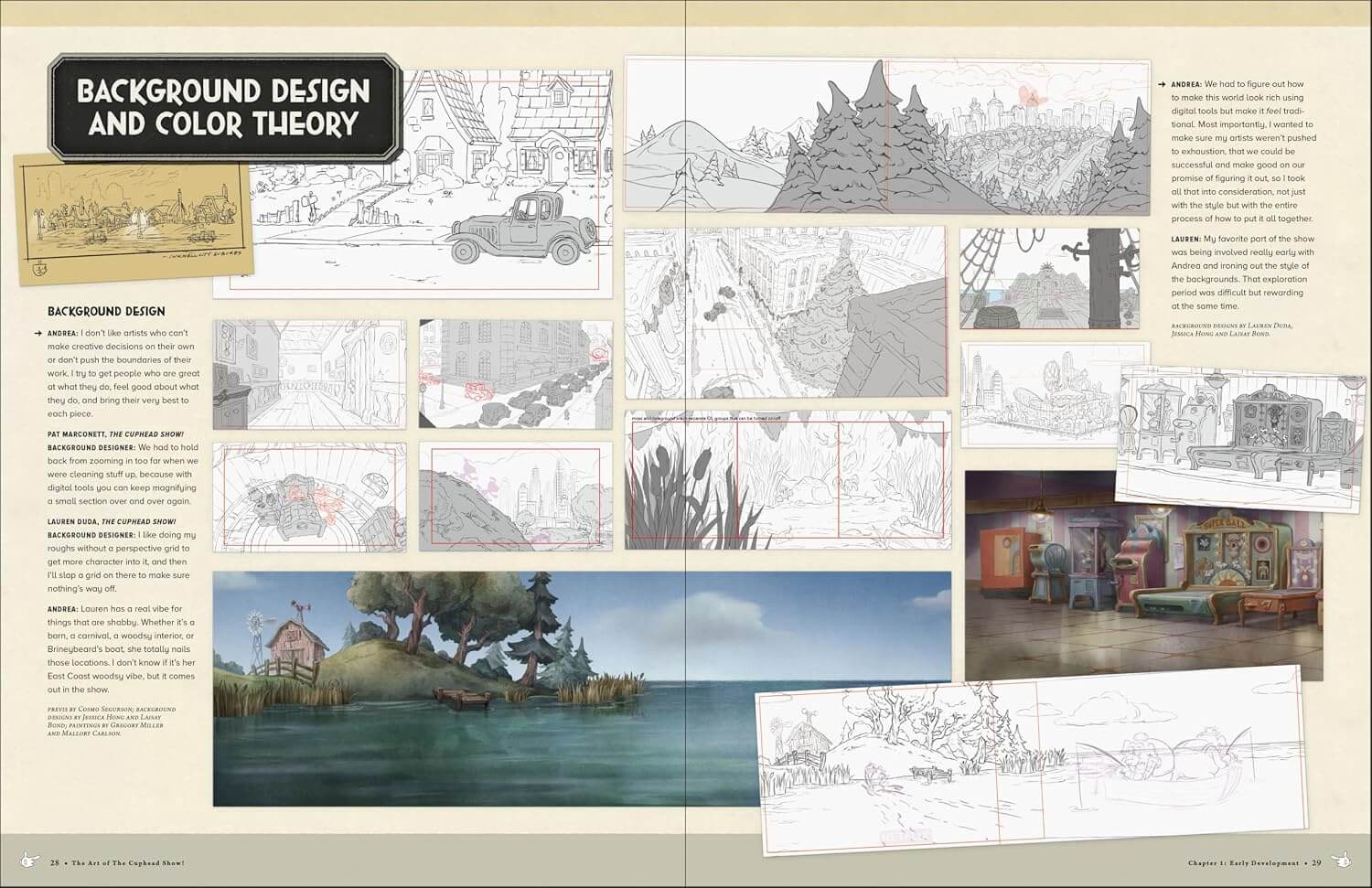 An open book spread showing pages from a background design and color theory guide, filled with sketches, text blocks, and a few color test images.