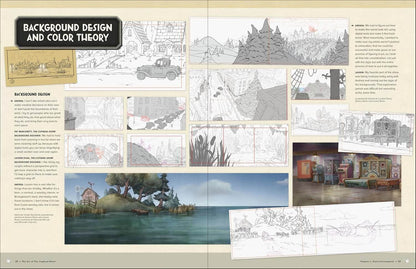 An open book spread showing pages from a background design and color theory guide, filled with sketches, text blocks, and a few color test images.