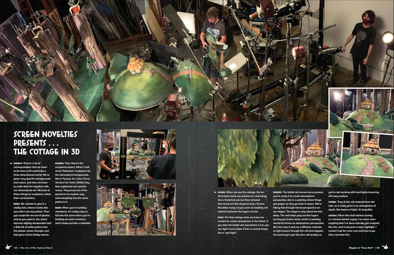 A printed magazine or catalog spread featuring multiple photos of a 3D effects and costume workshop, with large green textured costume pieces, crew members working, and printed text panels titled 'SCREEN NOVELTIES PRESENTS.