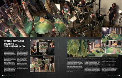 A printed magazine or catalog spread featuring multiple photos of a 3D effects and costume workshop, with large green textured costume pieces, crew members working, and printed text panels titled 'SCREEN NOVELTIES PRESENTS.
