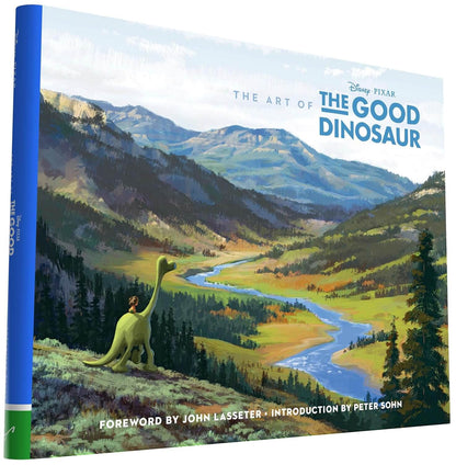 Book cover of 'The Art of The Good Dinosaur' with a dinosaur and mountain landscape illustration.