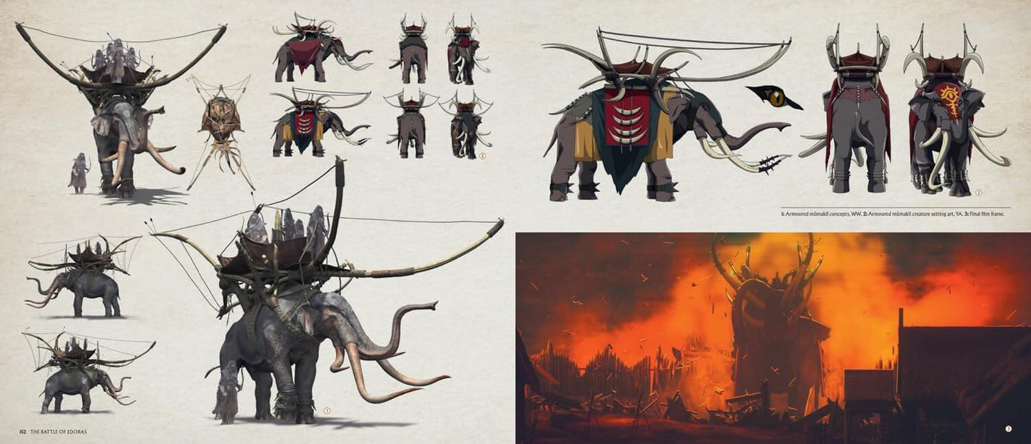 A concept art sheet featuring multiple illustrations of a fantasy armored elephant character with curved horns and a bow, shown from several angles on a light background, plus a fiery scene preview in the lower right.