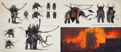 A concept art sheet featuring multiple illustrations of a fantasy armored elephant character with curved horns and a bow, shown from several angles on a light background, plus a fiery scene preview in the lower right.