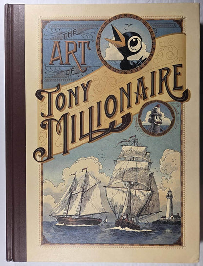 The Art of Tony Millionaire book cover, featuring vintage-style illustrations of sailing ships, a lighthouse, and a penguin in a circular frame, with a cream and blue color palette and a dark brown spine.