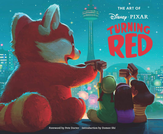 Cover of 'The Art of Turning Red' book featuring a colorful illustration of a red panda character with a cityscape background under a night sky.
