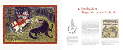 An open book spread showing a medieval-style illustration on the left with a knight in red and white armor on a white horse battling a black wolf, and text sections on the right headed '1. Inspiration: Shape-shifters in Ireland' with additional illustrated pages.