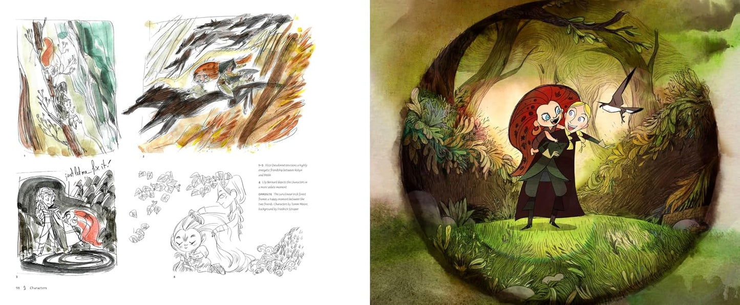 Illustrations of a character with a red umbrella in a forest setting, with additional illustrations on the left.