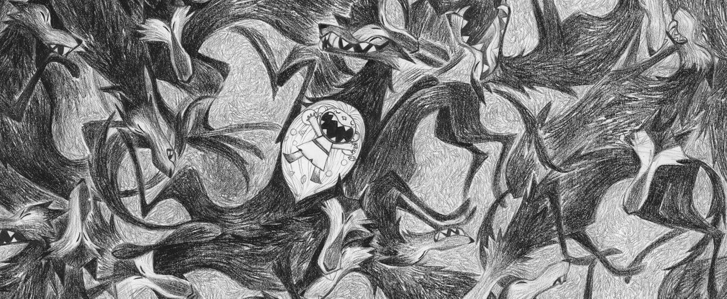 Abstract black and white drawing with intricate patterns
